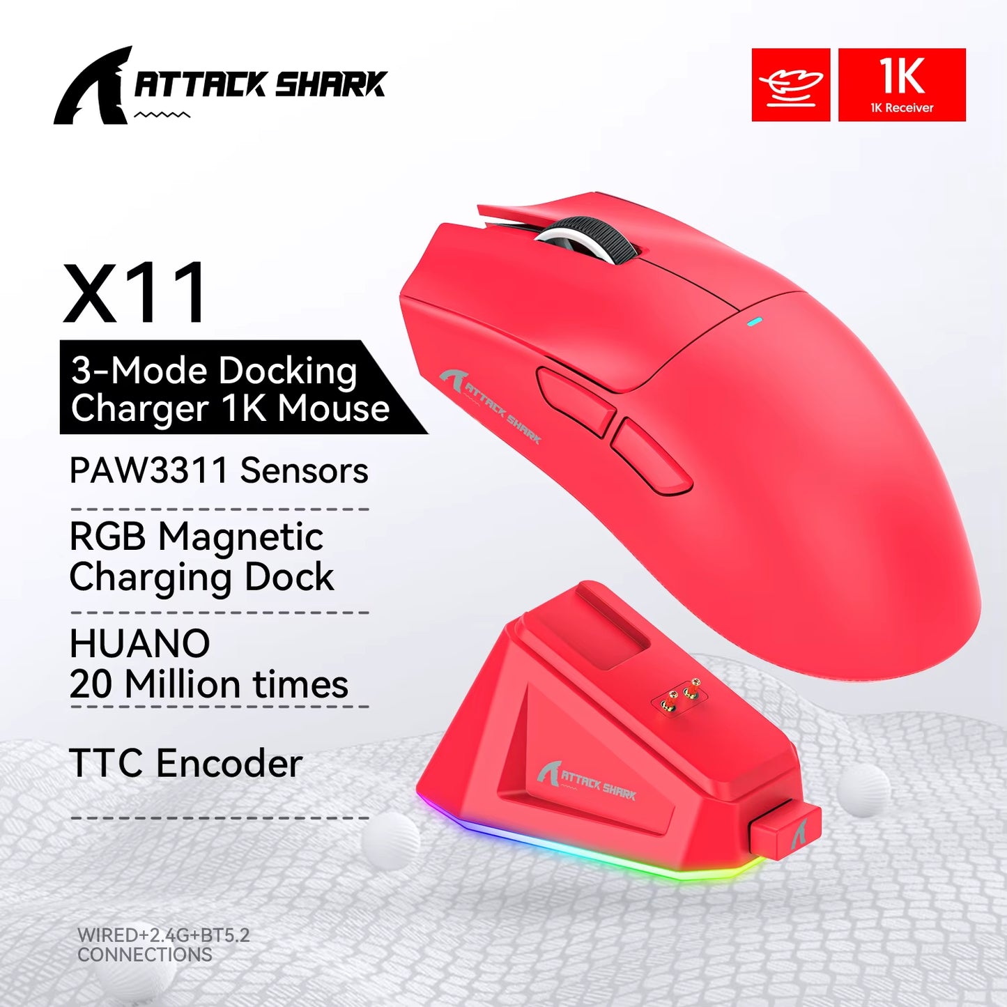 X11 Mouse PAW3311 Wireless 1K Hz Macro Magnetic RGB Docking Charger for Gaming
